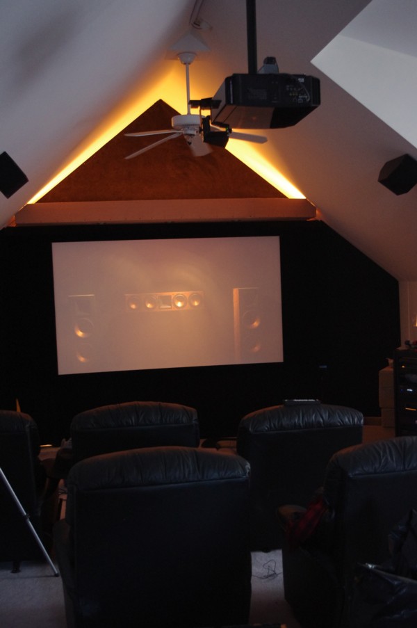 Wide shot of Maine Custom Home Theater using Klipsch Reference Speakers
